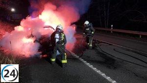 Explosión en carretera Pámanes-Liérganes destruye vehículo en llamas.